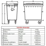 Tehničke dimenzije plastičnog kontejnera za otpad 770 L – visina 1280 mm, širina 1340 mm, dubina 780 mm