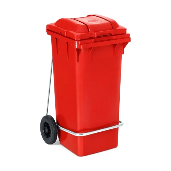 Plastični kontejner za smeće 120 litara sa metalnom pedalom, crvena boja, dimenzije 480x530x990 mm