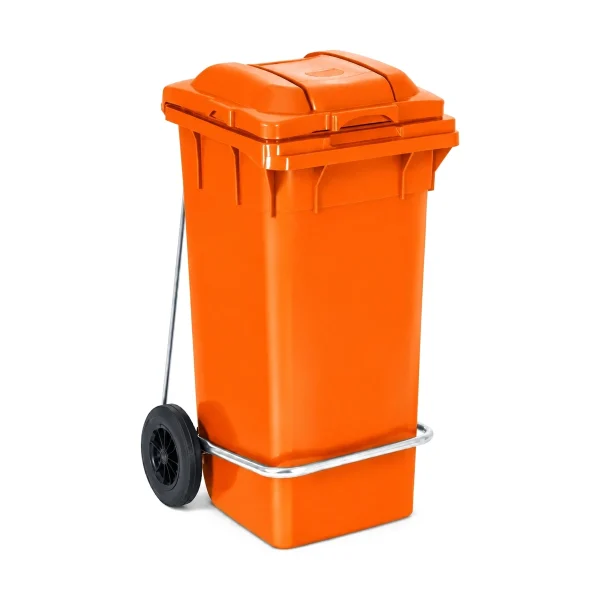 Plastični kontejner za smeće 120 litara sa metalnom pedalom, narandžasta boja, dimenzije 480x530x990 mm